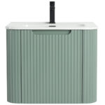 The Caskvalley 24 Inch Wall Mounted Bathroom Vanity features a white rectangular sink and black faucet, offering elegance with its green fluted design and concealed cabinet handles for a clean, modern touch.