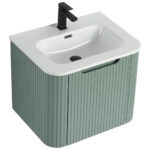 The Caskvalley 24 Inch Wall Mounted Bathroom Vanity With Sink boasts a modern design with a sleek white basin, matte black faucet, and a muted green pedestal featuring vertical grooves for a contemporary touch.