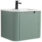 Explore the Caskvalley 24 Wall Mounted Bathroom Vanity, showcasing a modern green ribbed cabinet with a white countertop. The curved edge drawer provides easy access, and the black faucet enhances elegance.