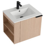 The Elmridge 24 Inch Wall Mounted Bathroom Vanity with Sink boasts left-side open shelves, a sleek white rectangular sink, and a modern black faucet. Its light wood finish is perfect for minimalist designs.