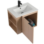 The Elmridge 24 Inch Wall Mounted Bathroom Vanity With Sink features an open design with visible shelving on the left, showcasing rolled gray and teal towels. It includes a sleek rectangular white sink and a modern black faucet for a stylish look.
