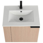 A top-down view of the Elmridge 24 Inch Wall Mounted Bathroom Vanity With Sink shows a white rectangular basin in a light wood frame, featuring a sleek black faucet and central drain, with a matching black handle elegantly placed on the side.