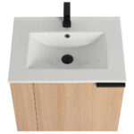 An aerial view highlights the Elmridge 24 Wall Mounted Vanity with Sink, featuring a sleek white rectangular sink and black faucet on a light wood cabinet with clean lines and hidden handles for a minimalist look.