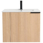 The Elmridge 24 Wall Mounted Bathroom Vanity has a light wood finish, a rectangular white basin, and a modern black faucet. Its single door with a right-side black handle adds style and functionality.