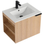 The Elmridge 24 Inch Wall Mounted Bathroom Vanity combines elegance and functionality with a wooden design, left open shelves, right cabinet door, white rectangular sink, and sleek black faucet.