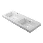48 inch Acrylic Double Sink, pre-drilled faucet holes, offering a sleek, modern aesthetic ideal for contemporary bathrooms.