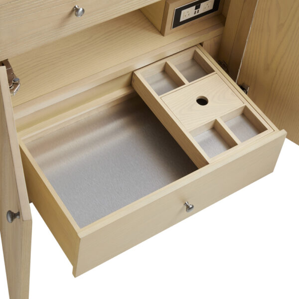 The Gracyn 36 inch Bathroom Vanity features a light wooden drawer, partially open to display a sliding organizer tray with multiple compartments. The inside is fabric-lined, and the cabinet above includes power outlets and USB ports.