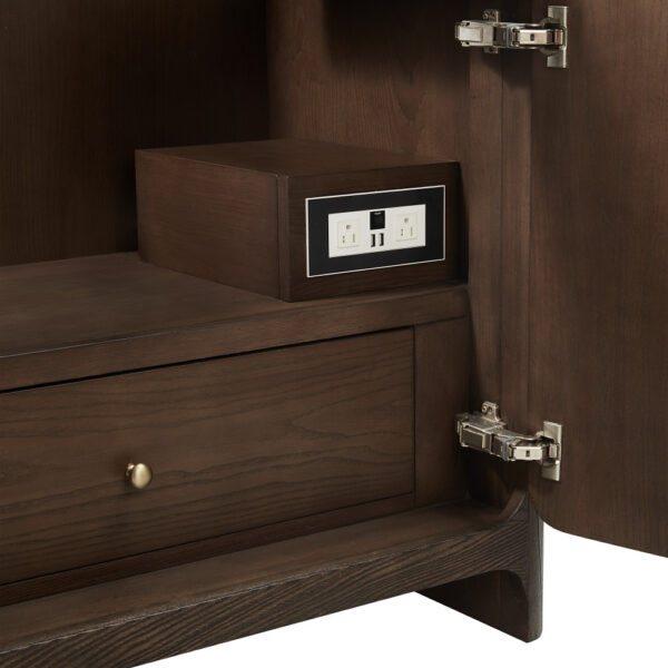 The Gracyn 36 inch Bathroom Vanitys wooden cabinet interior includes an open door revealing a shelf, cubby with power outlet and USB ports, brass-knobbed drawer, and metal-hinged door.