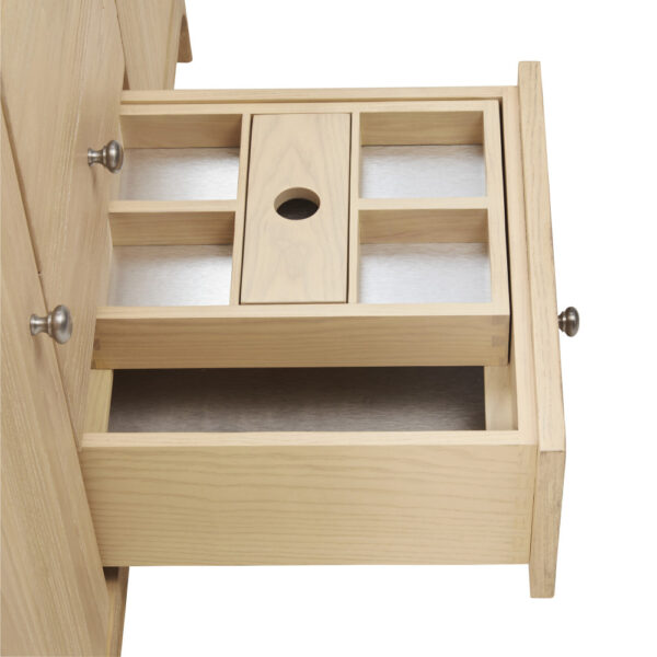 The Gracyn 48 inch Single Bathroom Vanity includes an open wooden drawer with a sliding organizer, featuring multiple compartments and a central hole. An empty space lies beneath the design, which is elegantly finished with round metallic knobs.