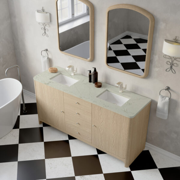 A contemporary bathroom showcases a Gracyn 72 inch Double Bathroom Vanity with wood finish and marble top, paired with two rectangular mirrors. Black and white checkered tiles contrast elegantly with light beige walls, enhanced by wall-mounted lamps and towel holders.