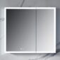 The Capella 36 inch LED Medicine Cabinet is a modern square piece featuring mirrored doors and integrated LED lights. It complements marble-patterned walls and has touch-sensitive mirror controls for easy use.