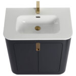 The Shireplace 30 Inch Bathroom Vanity With Sink features a modern design with a white rectangular basin, brass-colored faucet, and dark gray cabinet. Rounded edges and double doors highlighted by sleek brass handles complete the elegant look.