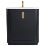 The Shireplace 30 Inch Bathroom Vanity With Sink features a sleek black cabinet, gold handles, a white countertop, and a centrally positioned gold faucet for minimalistic elegance.