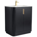 Meet the Shireplace 30 Inch Bathroom Vanity With Sink—a dark, modern piece featuring two cabinet doors with gold handles, a white countertop, and a matching gold faucet for a sleek minimalist look.