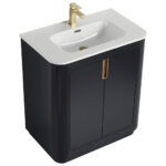The Shireplace 30 Inch Bathroom Vanity With Sink showcases a sleek black finish and white sink, enhanced by gold faucet and cabinet handles for a modern look.