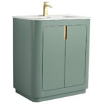 The Shireplace 30 Inch Bathroom Vanity With Sink offers a modern look with a sage green cabinet, two doors, and sleek gold handles. It comes with an integrated white countertop, a rectangular sink, and an elegant gold faucet.