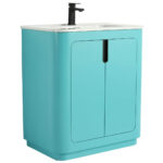 Meet the Shireplace 30 Inch Bathroom Vanity With Sink, boasting a turquoise cabinet and white countertop. It features sleek, rounded edges, minimalistic black handles, and a left-side black faucet for added style.