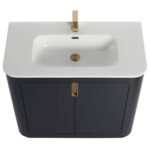Introducing the Shireplace 36 Inch Bathroom Vanity With Sink: a modern masterpiece featuring a sleek, white rectangular basin, gold faucet and drain. Set atop a dark cabinet with two doors and central gold handle, it flawlessly blends style with functionality.