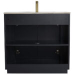 Introducing the elegant Shireplace 36 Inch Bathroom Vanity With Sink: a black cabinet featuring an open back and a middle shelf, complemented by a tall, slender golden-hued faucet on its luxurious marble countertop, perfectly blending functionality with style.