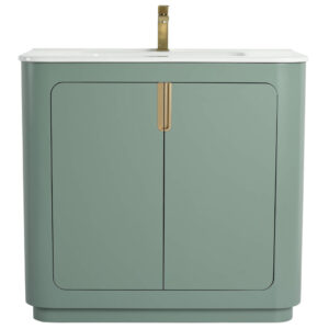 The Shireplace 36 Inch Bathroom Vanity With Sink offers a modern touch with a smooth light green finish, brass accents, and a white countertop. It includes a single brass faucet and two cabinet doors for storage, maintaining a sleek, minimalistic design.