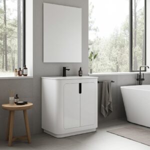 A modern bathroom features the Shireplace 36 Inch Bathroom Vanity With Sink, a black faucet, large mirror, freestanding bathtub, small wooden stool with bottles, towels by the tub and vanity, and large windows overlooking trees.