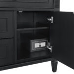 The Lorelai 36 inch Bathroom Vanity Cabinet boasts a sleek design with an open black cabinet. Behind its partly open door, a secure safe nests on the bottom shelf. Standing on four short legs, it seamlessly blends style and functionality for your bathroom space.