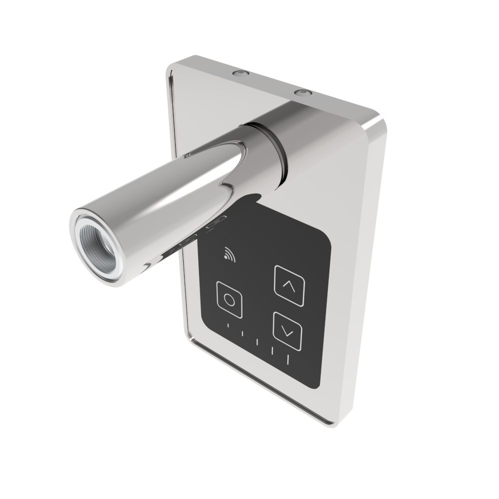 The Amba Heated Towel Racks - Touch Digital Heat Controller is a wall-mounted device with a metallic cylindrical lever and a black touch panel with four buttons and a Wi-Fi symbol, shown on a plain white background.