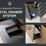 Promotional graphic for the Matera 36 Inch Wall Mount Bathroom Vanity With Countertop, highlighting its premium metal drawer system with images showing extra drawer height, matte black frame, full extension, smooth action text, and dynamic load capacity.