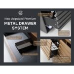 Promotional graphic for the Ocala 36 Inch Wall Mount Bathroom Vanity With Vessel Sink highlights its premium metal drawer system with increased profile height, matte black frame, smooth action, and full extension sliders.