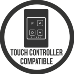 A black and white icon of a touch controller with labeled buttons is circled, with Touch Controller Compatible below—ideal for your Quadro Towel Warmer setup.