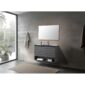 Modern minimalist bathroom featuring a Matera 36 Inch Wall Mount Bathroom Vanity With Countertop, rectangular mirror, wall-mounted faucet, beige towels on hooks, a potted plant by the window, and a neutral rug.