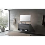 A modern, minimal, and bright bathroom featuring a large window, the Matera 48 Inch Wall Mount Bathroom Vanity With Countertop and double sinks, a rectangular mirror, towels on hooks, a potted plant, and a beige rug.