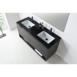 The Matera 60 Inch Wall Mount Double Bathroom Vanity With Countertop showcases a sleek black surface, two white sinks with black faucets, spacious drawers below, and toiletries placed between the sinks.