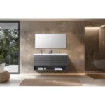 A modern bathroom features the Matera 60 Inch Wall Mount Double Bathroom Vanity With Countertop, dual sinks, a large mirror, open shelving with towels, a textured beige wall, big window for natural light, plus a rug and minimal decor.