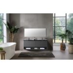 Modern bathroom with a Matera 72 Inch Wall Mount Double Bathroom Vanity With Countertop, large mirror above, white bathtub on the left, potted plant, expansive garden-view window, and dark rug on tiled floor.
