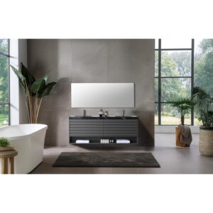 Modern bathroom with a Matera 72 Inch Wall Mount Double Bathroom Vanity With Countertop, large mirror above, white bathtub on the left, potted plant, expansive garden-view window, and dark rug on tiled floor.