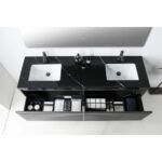 The Matera 72 Inch Wall Mount Double Bathroom Vanity With Countertop boasts a contemporary black marble top, dual square white sinks, and an open lower drawer ideal for storing towels, toiletries, and storage boxes.