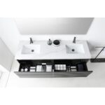 Overhead view of the Matera 72 Inch Wall Mount Double Bathroom Vanity With Countertop, shown with two sinks, faucets, a white surface, and organized drawers containing toiletries and towels beneath a large mirror.