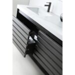 The Matera 72 Inch Wall Mount Double Bathroom Vanity With Countertop features a white integrated sink, black faucet, and a partially open drawer showing a power outlet and sleek black box inside.