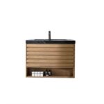 The Matera 48 Inch Wall Mount Bathroom Vanity With Countertop features a modern wood design, black countertop, built-in sink and faucet, horizontal grooved cabinet doors, and an open shelf ideal for displaying essentials.