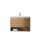 The Matera 48 Inch Wall Mount Bathroom Vanity With Countertop features horizontal wood slats, a white countertop and sink, silver faucet, and an open lower shelf with containers and towels, all set against a white background.