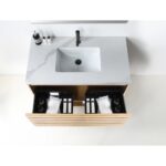 The Matera 48 Inch Wall Mount Bathroom Vanity With Countertop features a modern design, white marble surface, rectangular sink, and a wooden drawer for neatly organizing toiletries and towels.