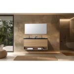 A modern bathroom showcases the Matera 60 Inch Wall Mount Double Bathroom Vanity With Countertop, complemented by a large wall mirror above and open shelving below for towels, while natural light illuminates the woven floor rug.