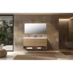 A modern bathroom features the Matera 60 Inch Wall Mount Double Bathroom Vanity With Countertop, dual sinks, a large mirror, open shelving holding toiletries, and a cozy beige rug lit by natural light through a glass door.