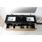 The Matera 72 Inch Wall Mount Double Bathroom Vanity With Countertop features a sleek black marble surface, double chrome faucets, open wooden drawers for storage, and is complemented by a large mirror above.