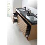 The Matera 72 Inch Wall Mount Double Bathroom Vanity With Countertop features a black surface, dual sinks, and wooden drawers with open left drawers displaying organized storage in natural light from a frosted window.