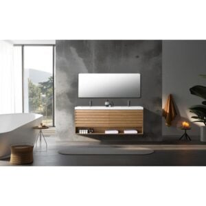 A stylish bathroom showcases the Matera 72 Inch Wall Mount Double Bathroom Vanity With Countertop, double sinks, a large mirror, freestanding tub, wall towel rack, candles, lush plants, and ample natural light from a big window.