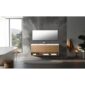 A stylish bathroom showcases the Matera 72 Inch Wall Mount Double Bathroom Vanity With Countertop, double sinks, a large mirror, freestanding tub, wall towel rack, candles, lush plants, and ample natural light from a big window.