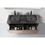 The Ocala 60 Inch Wall Mount Bathroom Vanity With Vessel Sink showcases two rectangular vessel sinks, black faucets, open drawers with organized compartments, and a dark countertop that emphasizes its sleek, minimalist style.