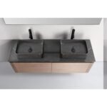 Top view of the Ocala 60 Inch Wall Mount Bathroom Vanity With Vessel Sink, showcasing a dark countertop, dual rectangular vessel sinks, modern black faucets, and light wood slatted drawers below.
